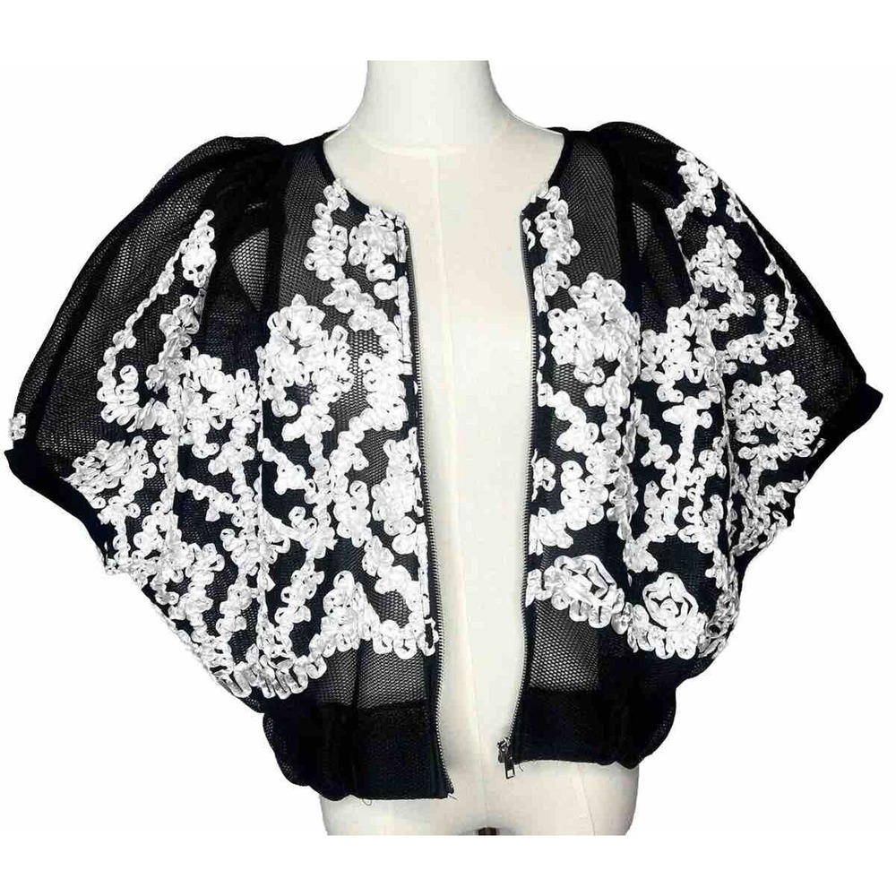 Cleo black Mesh Zip Up blouse‎ Edgy Puff Sleeve Moira Rose Haute Couture Medium